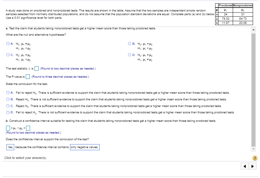 Solved A study was done on proctored and nonproctored tests. | Chegg.com