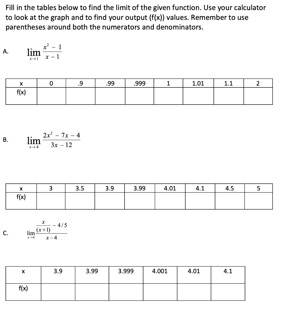 Solved Fill in the tables below to find the limit of the | Chegg.com