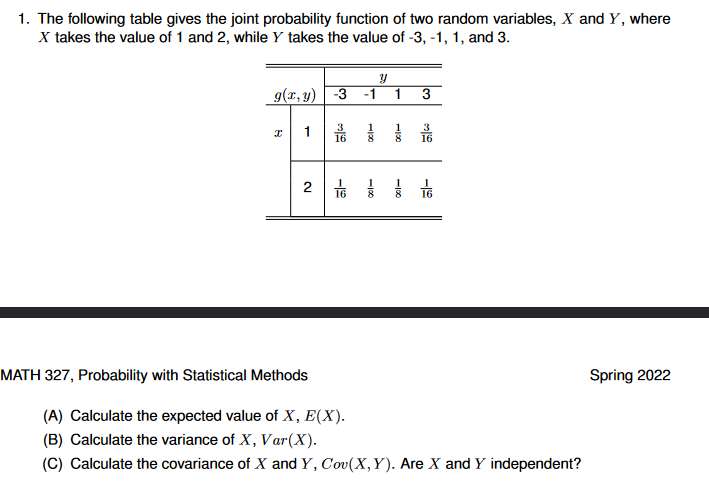 Solved 1. The following table gives the joint probability | Chegg.com