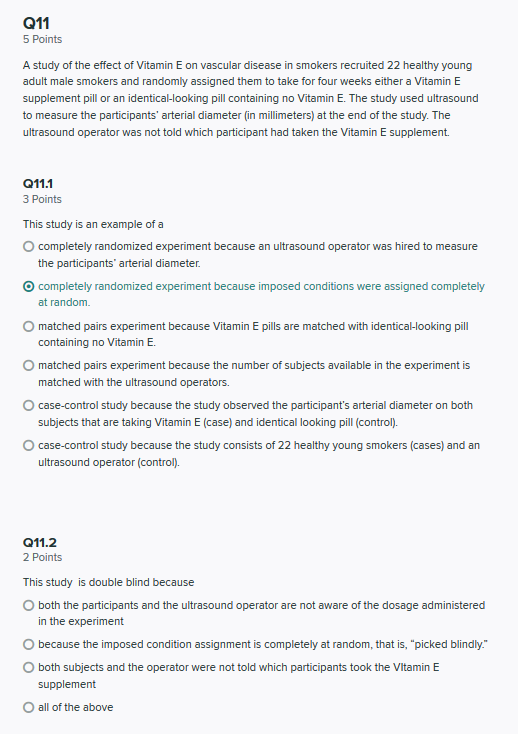 Solved Q11 5 Points A study of the effect of Vitamin E on | Chegg.com