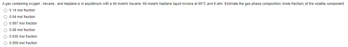 A gas containing oxygen, hexane, and heptane is in equilibrium with a 40 mole% hexane-60 mole% heptane liquid mixture at 65°c