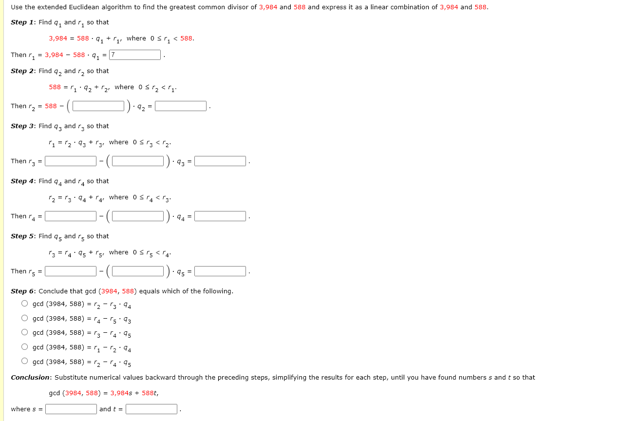 Solved Use The Extended Euclidean Algorithm To Find The | Chegg.com