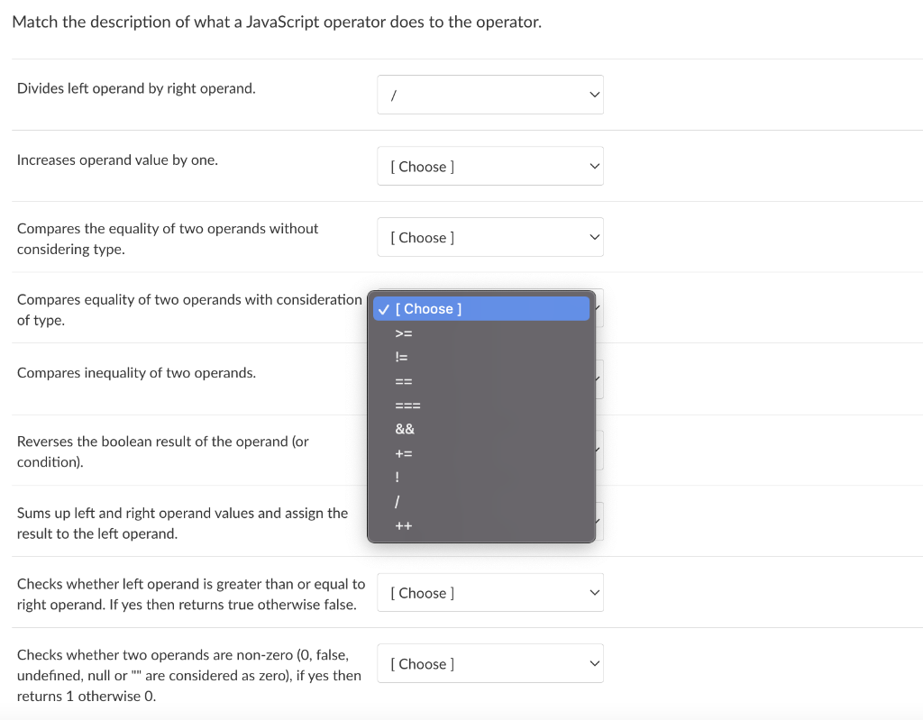Solved Match the description of what a JavaScript operator | Chegg.com