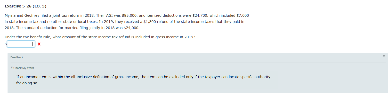 Exercise 5-26 (lo. 3) myrna and geoffrey filed a joint tax return in 2018. their agi was $85,000, and itemized deductions wer