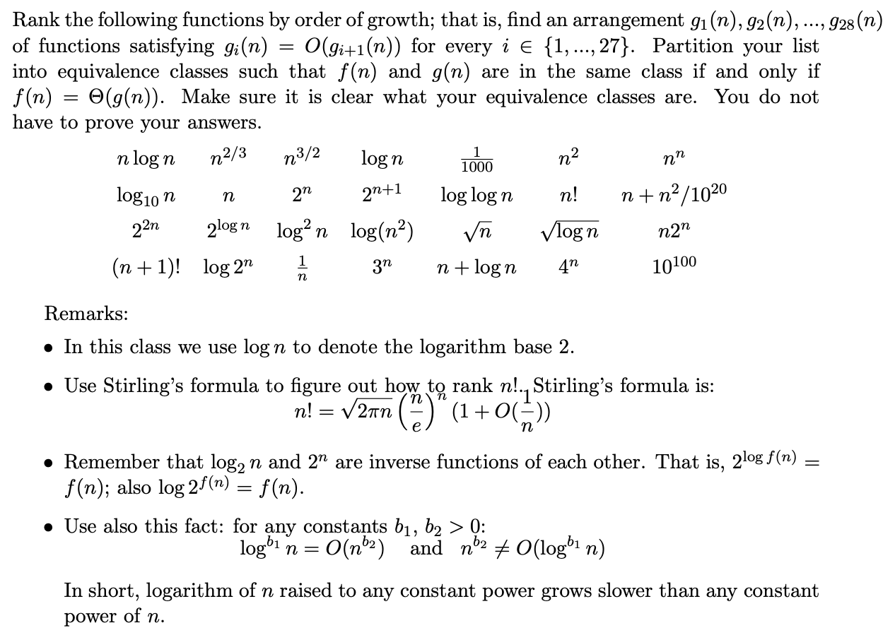 Solved Rank The Following Functions By Order Of Growth; That | Chegg.com