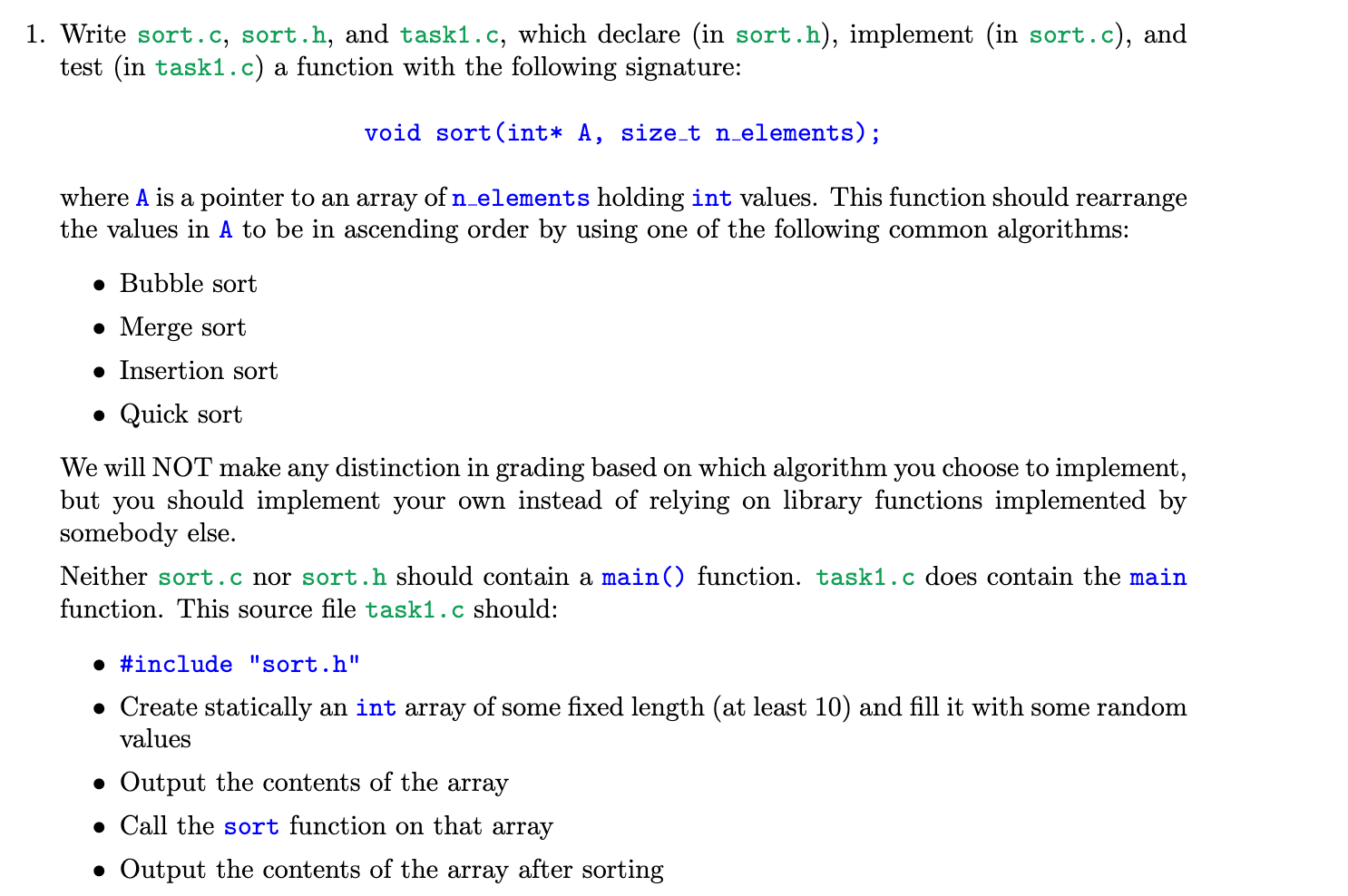 Solved 1. Write sort.c, sort.h, and task1.c, which declare | Chegg.com