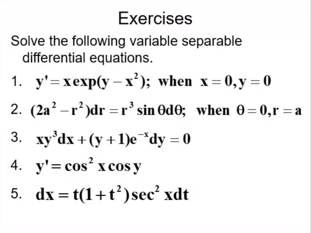 Solved Exercises Solve The Following Variable Separable Chegg