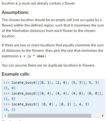 location \( x \), y must not already contain a flower:
Assumptions:
The chosen location should be an empty cell (not occupied