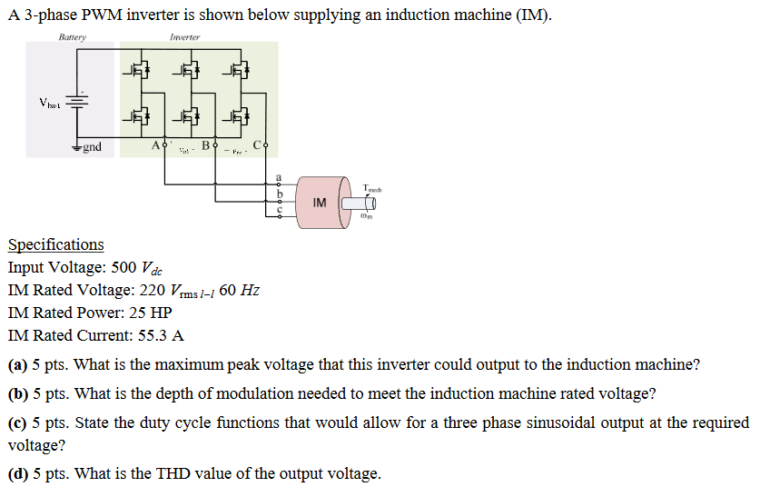 A 3-phase PWM inverter is shown below supplying an