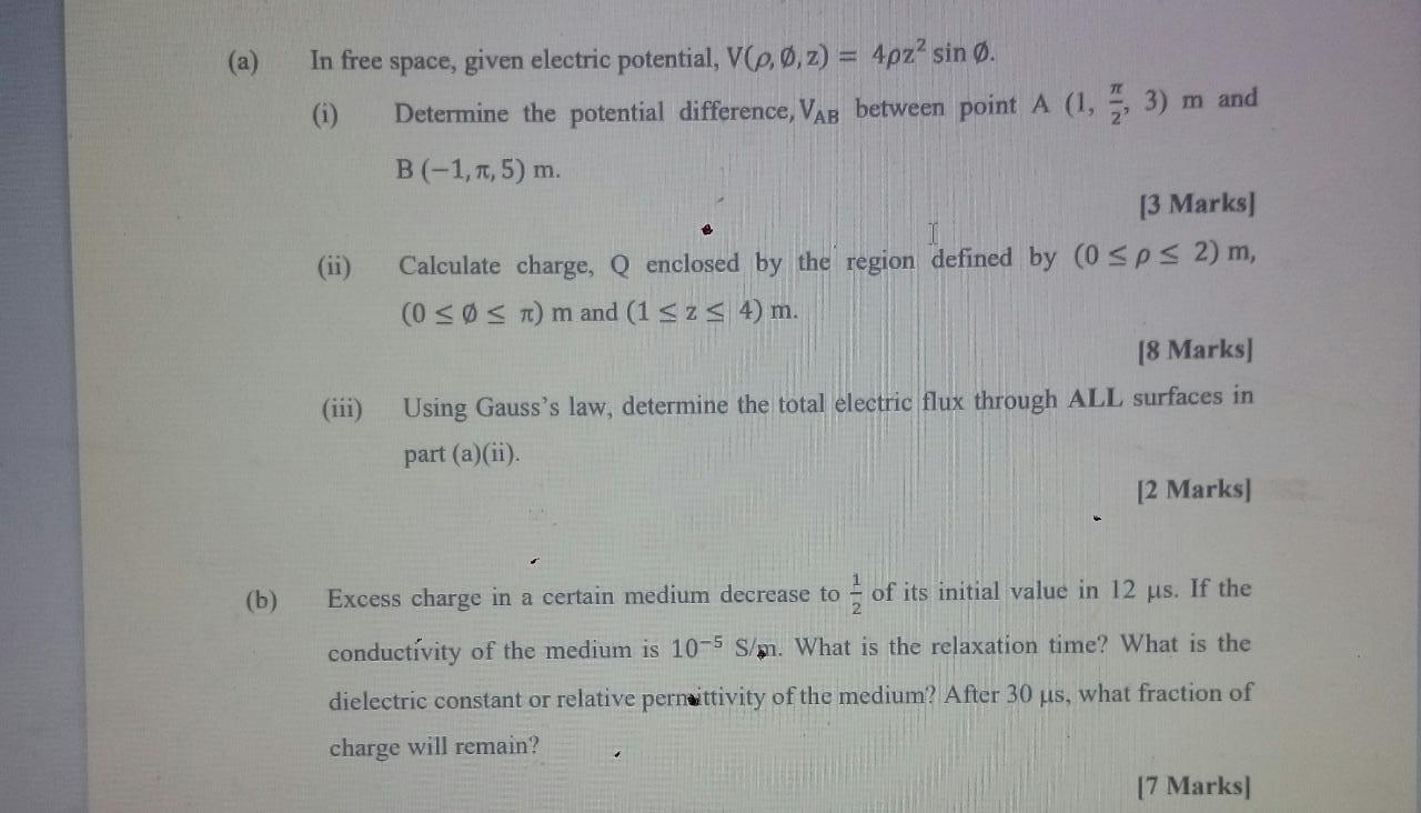 Solved A In Free Space Given Electric Potential V P 0 Chegg Com