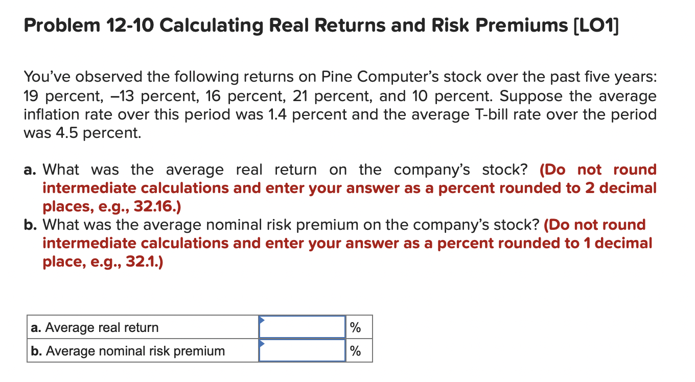 Solved Problem 12-10 Calculating Real Returns and Risk | Chegg.com