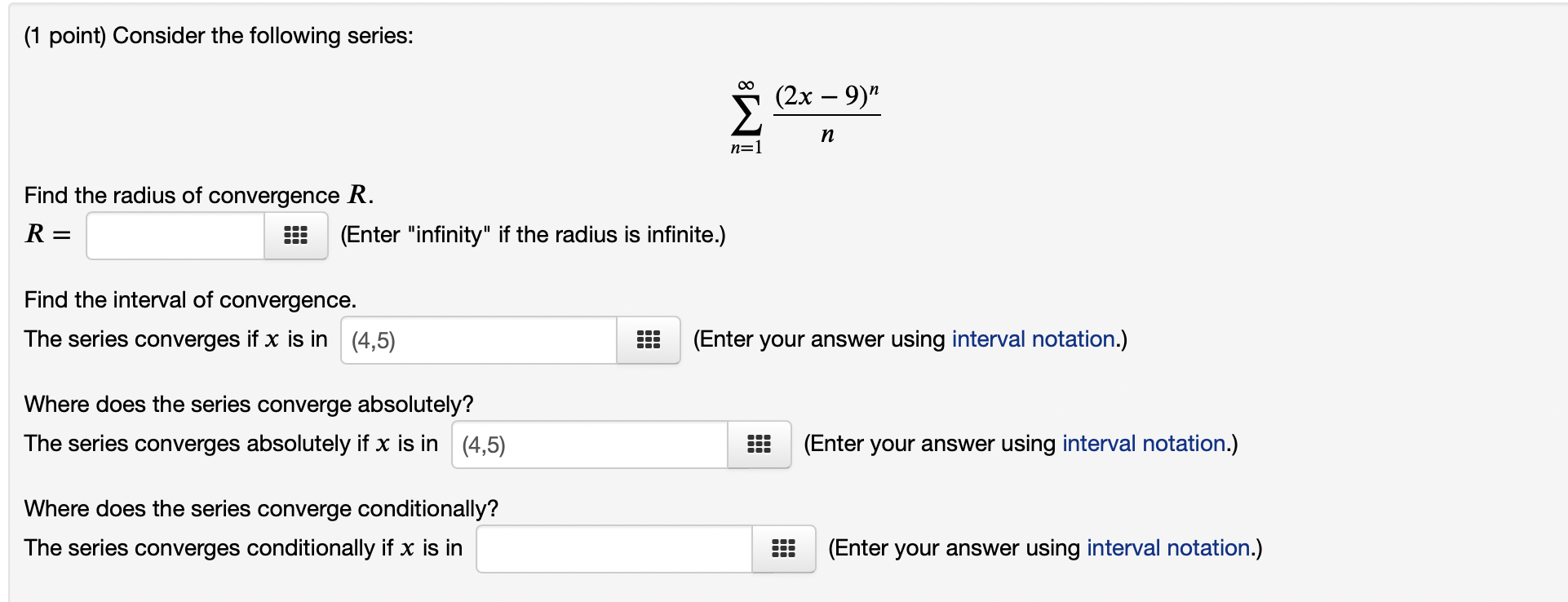 Solved (1 Point) Consider The Following Series: Σ (2x – 9)" | Chegg.com