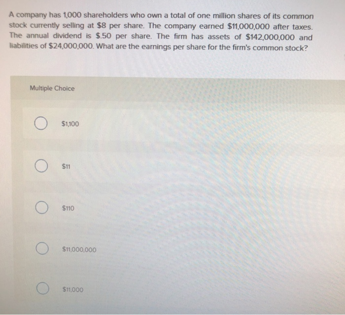 Solved A Company Has 1,000 Shareholders Who Own A Total Of | Chegg.com