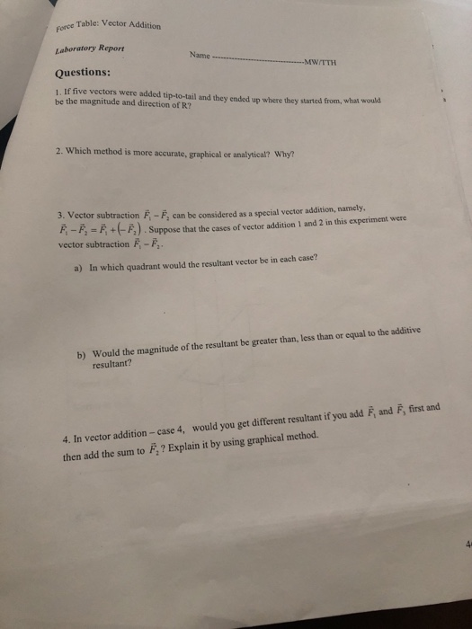 Vector Addition Lab Report Solved fore Table: Vector Addition Laboratory Report | Chegg.com