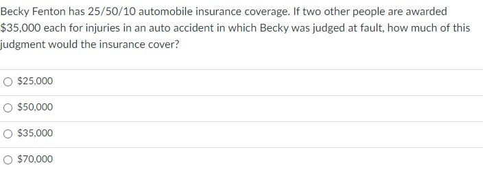 becky has 25 50 10 automobile insurance coverage