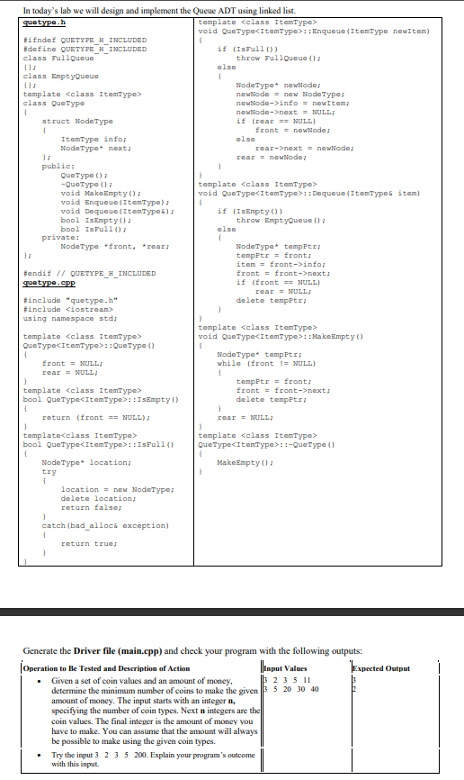 Solved In today's lab we will design and implement the Queue | Chegg.com