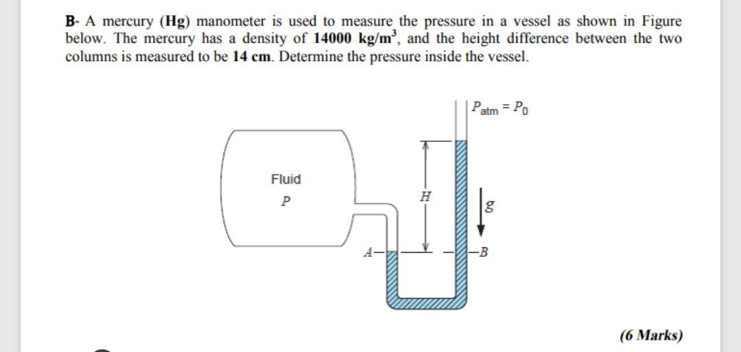 Solved B- A mercury (Hg) manometer is used to measure the | Chegg.com