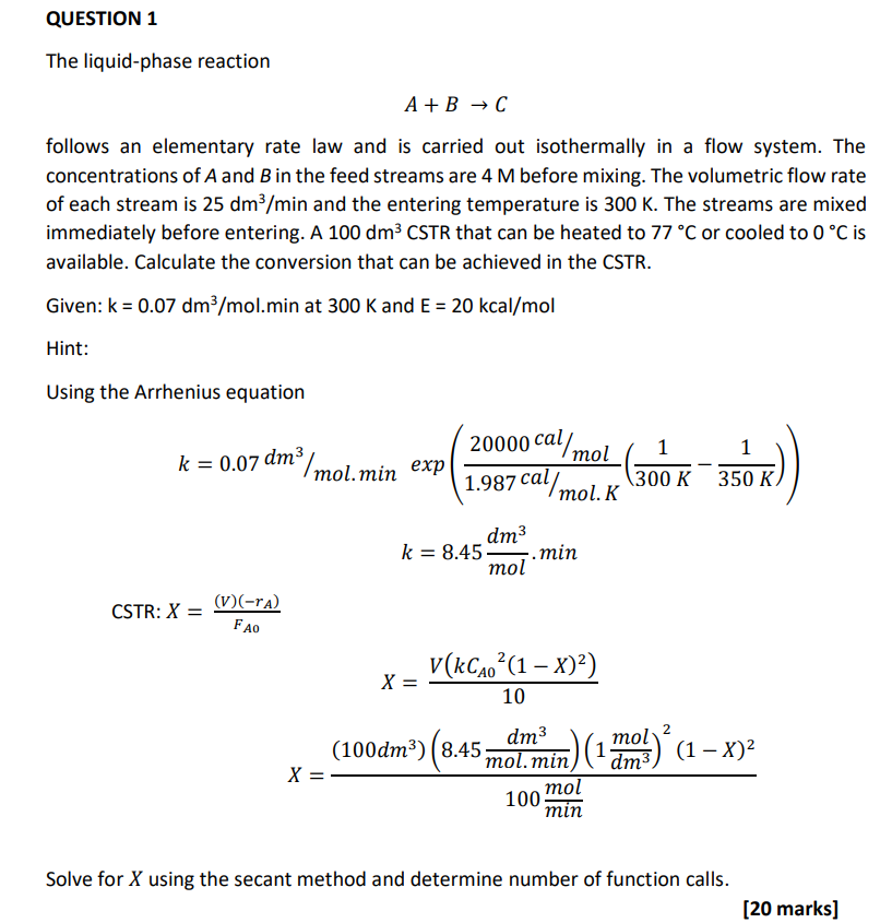 Solved QUESTION 1 The Liquid-phase Reaction A+B → C Follows | Chegg.com