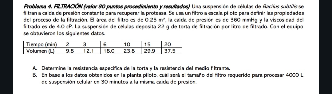 Problema 4. FILTRACION (valor 30 puntos procedimiento y resultados). Una suspensión de células de Bacilus subtilis se filtran