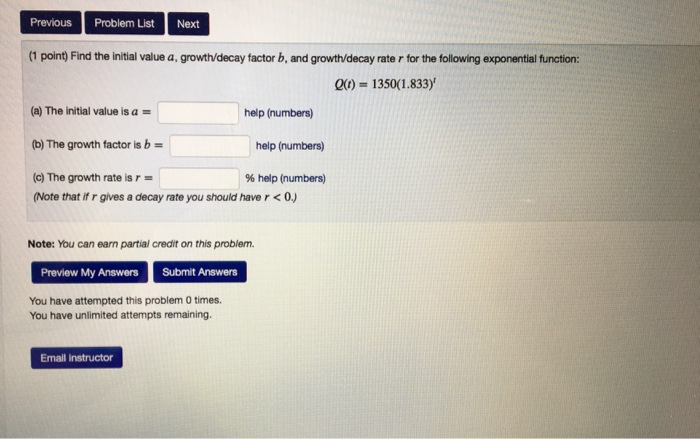 Solved Previous Problem List Next (1 point) Find a possible | Chegg.com