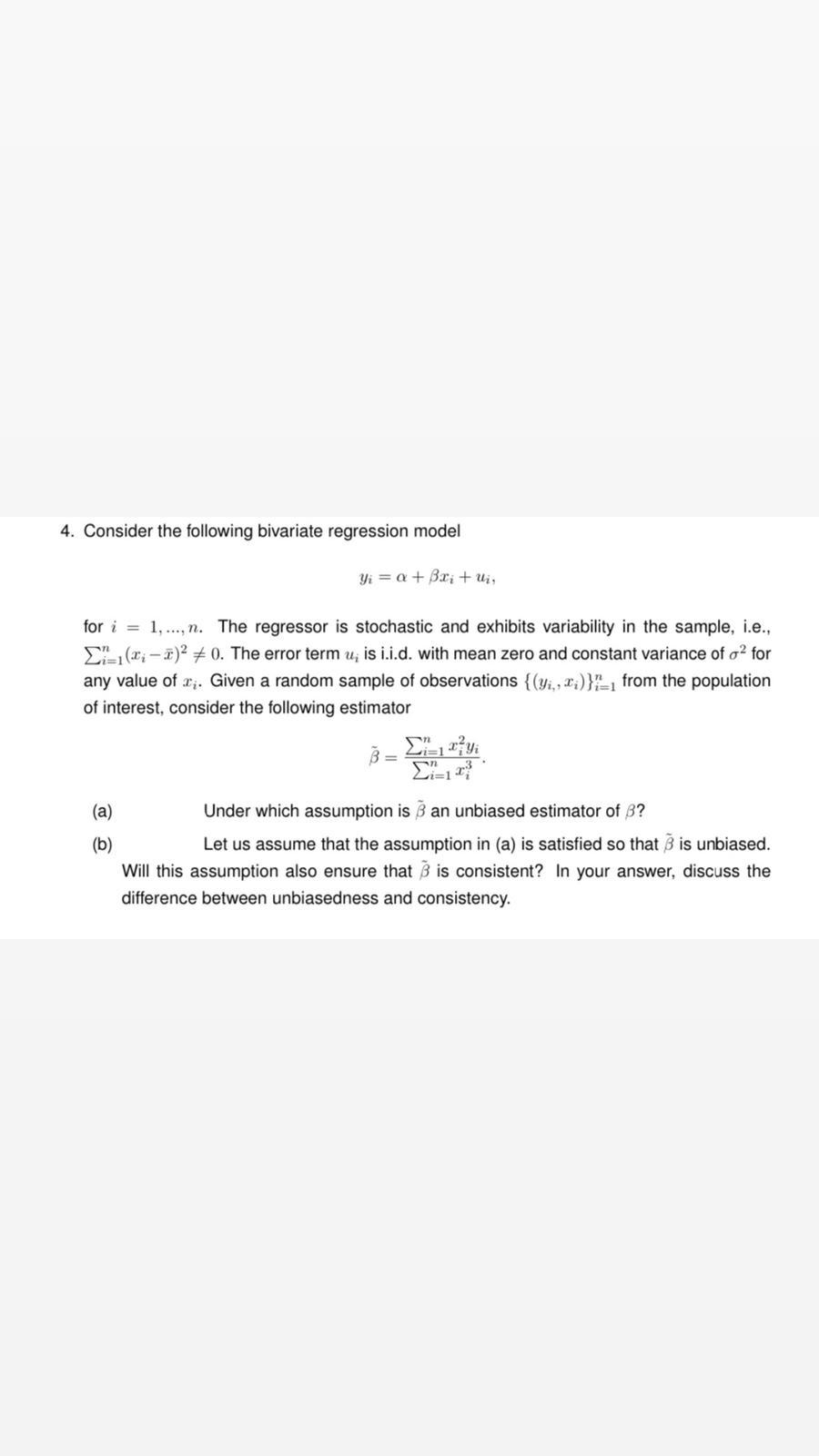 Solved 4. Consider The Following Bivariate Regression Model | Chegg.com