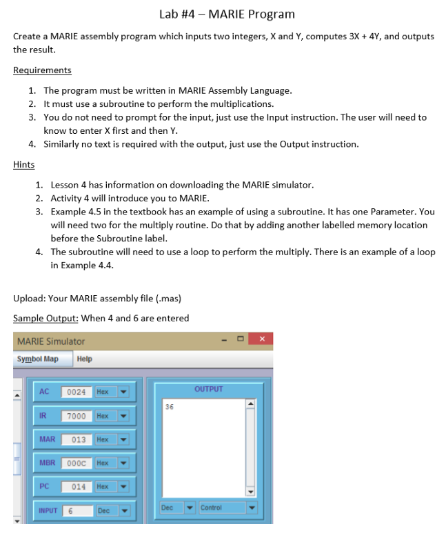 Lab 4 Marie Program Create A Marie Assembly Program
