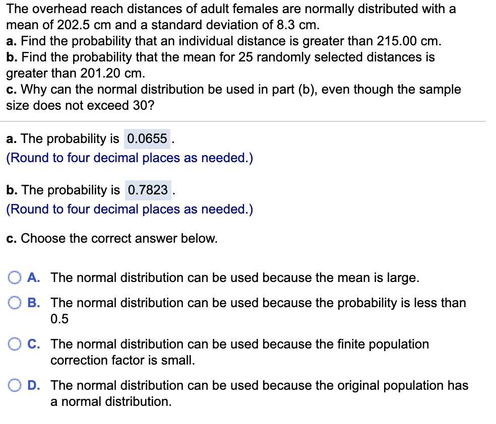 Solved The overhead reach distances of adult females are