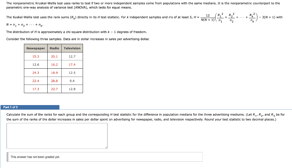 Solved The nonparametric Kruskal-Wallis test uses ranks to | Chegg.com