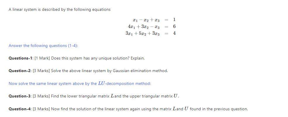 Solved A linear system is described by the following | Chegg.com