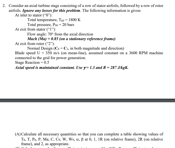 Solved 2. Consider an axial turbine stage consisting of a | Chegg.com