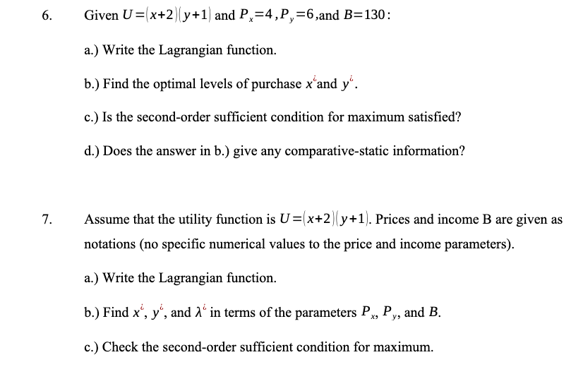 Given U X 2 Y 1 And Px 4 P 6 And B 130 A Chegg Com