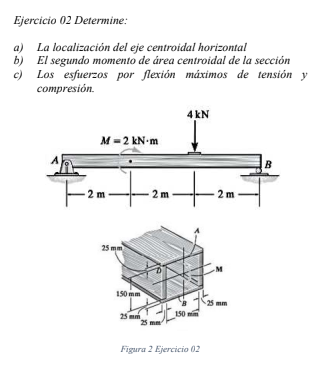 Ejercicio 02 Determine: a) La localización del eje centroidal horizontal b) El segundo momento de área centroidal de la secci