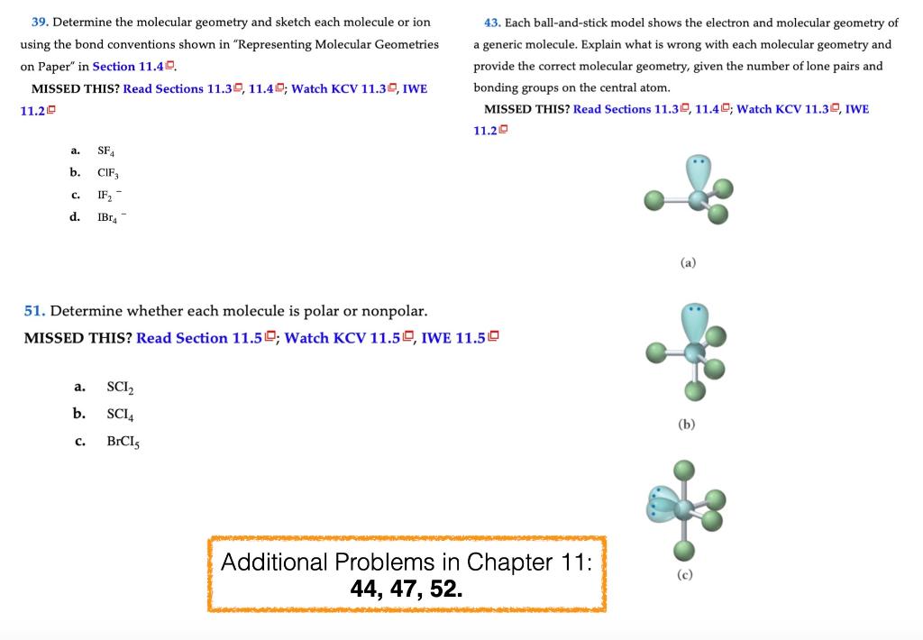 Solved 39. Determine the molecular geometry and sketch each | Chegg.com