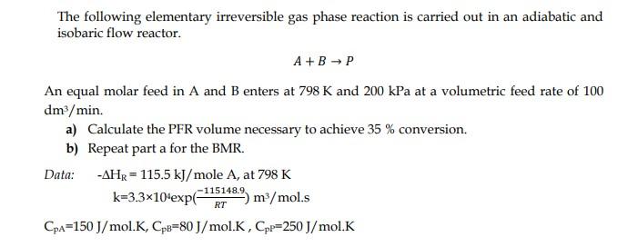 Solved The following elementary irreversible gas phase | Chegg.com