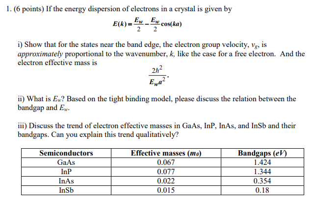 Solved E(k)=EX_E. 1. (6 points) If the energy dispersion of | Chegg.com