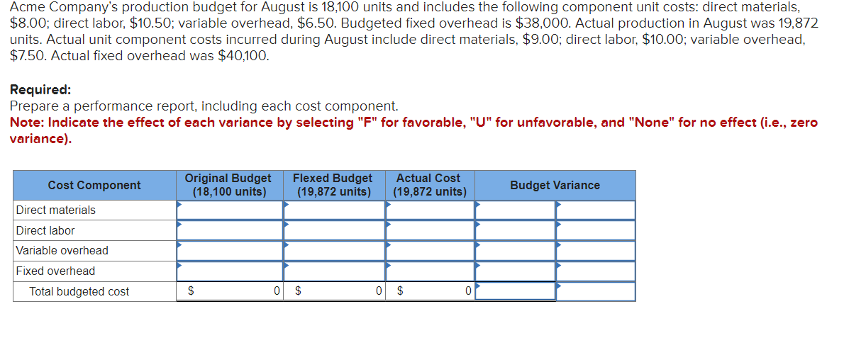 Solved Acme Company's production budget for August is 18,100 | Chegg.com