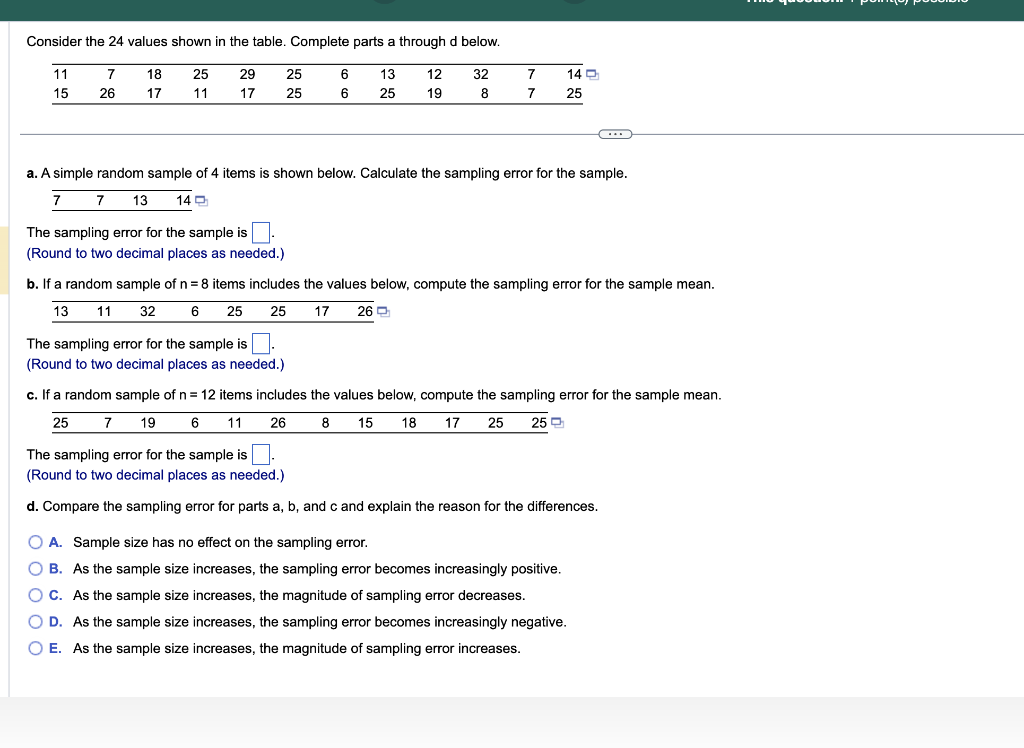 Solved Consider the 24 values shown in the table. Complete | Chegg.com