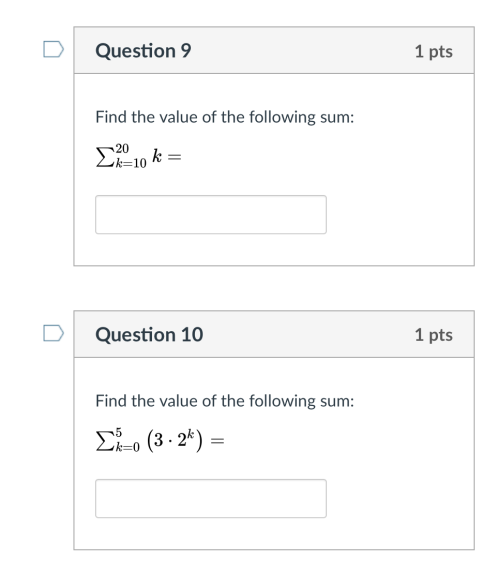 Solved Question 9 1 pts Find the value of the following sum: | Chegg.com