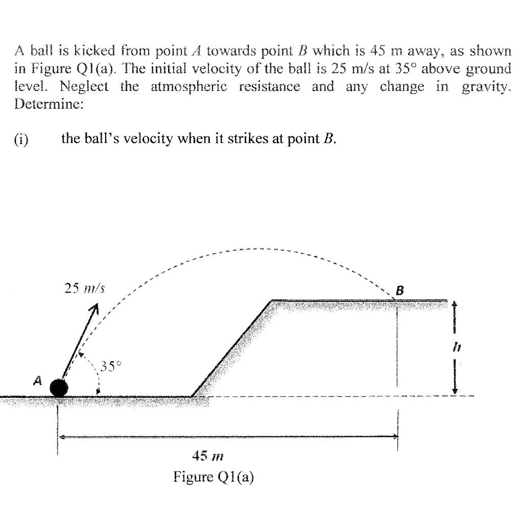 A ball is kicked from point A towards point B which is 45 m away, as shown
in Figure Q1(a). The initial velocity of the ball 