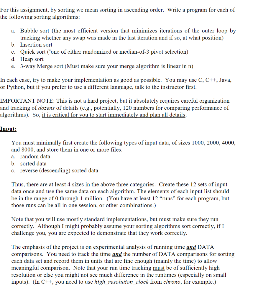 Solved For this assignment, by sorting we mean sorting in | Chegg.com