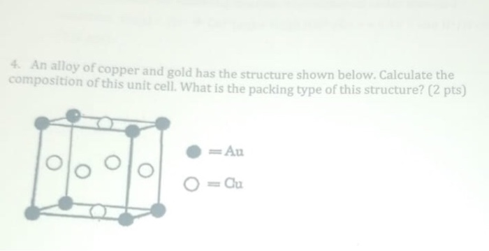 Solved 4 An alloy of copper and gold has the structure shown | Chegg.com