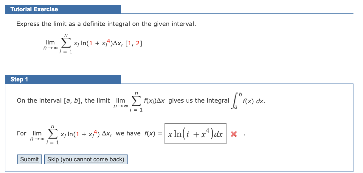 Solved Tutorial Exercise Express the limit as a definite | Chegg.com