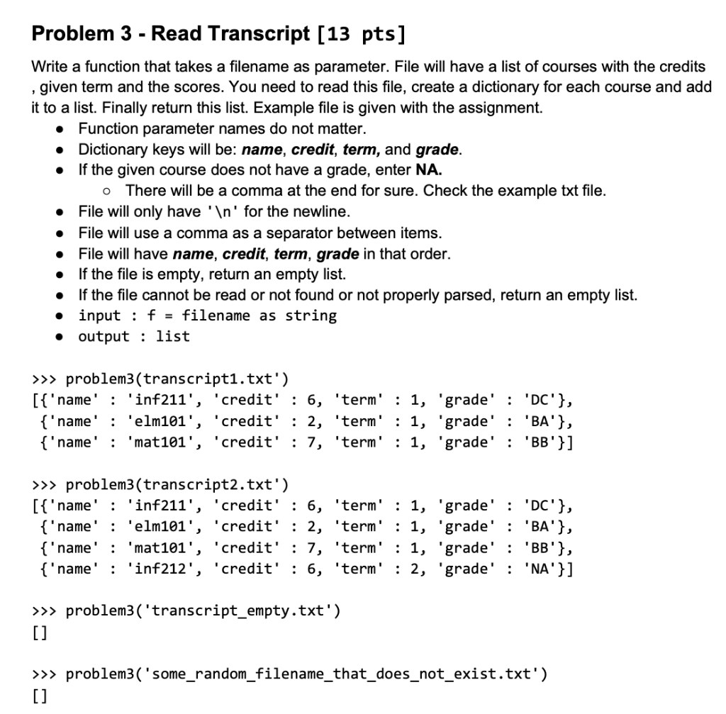 Solved Problem 3 - Read Transcript [13 pts ] Write a | Chegg.com