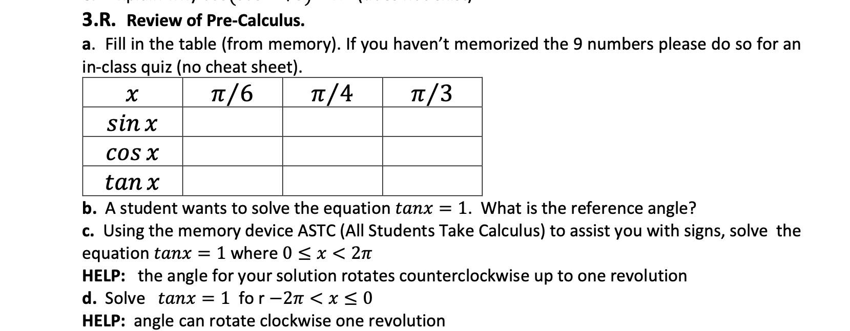 Solved 3.R. Review of PreCalculus. a. Fill in the table