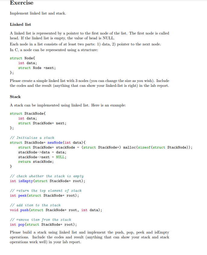 Solved Exercise Implement Linked List And Stack. Linked List | Chegg.com