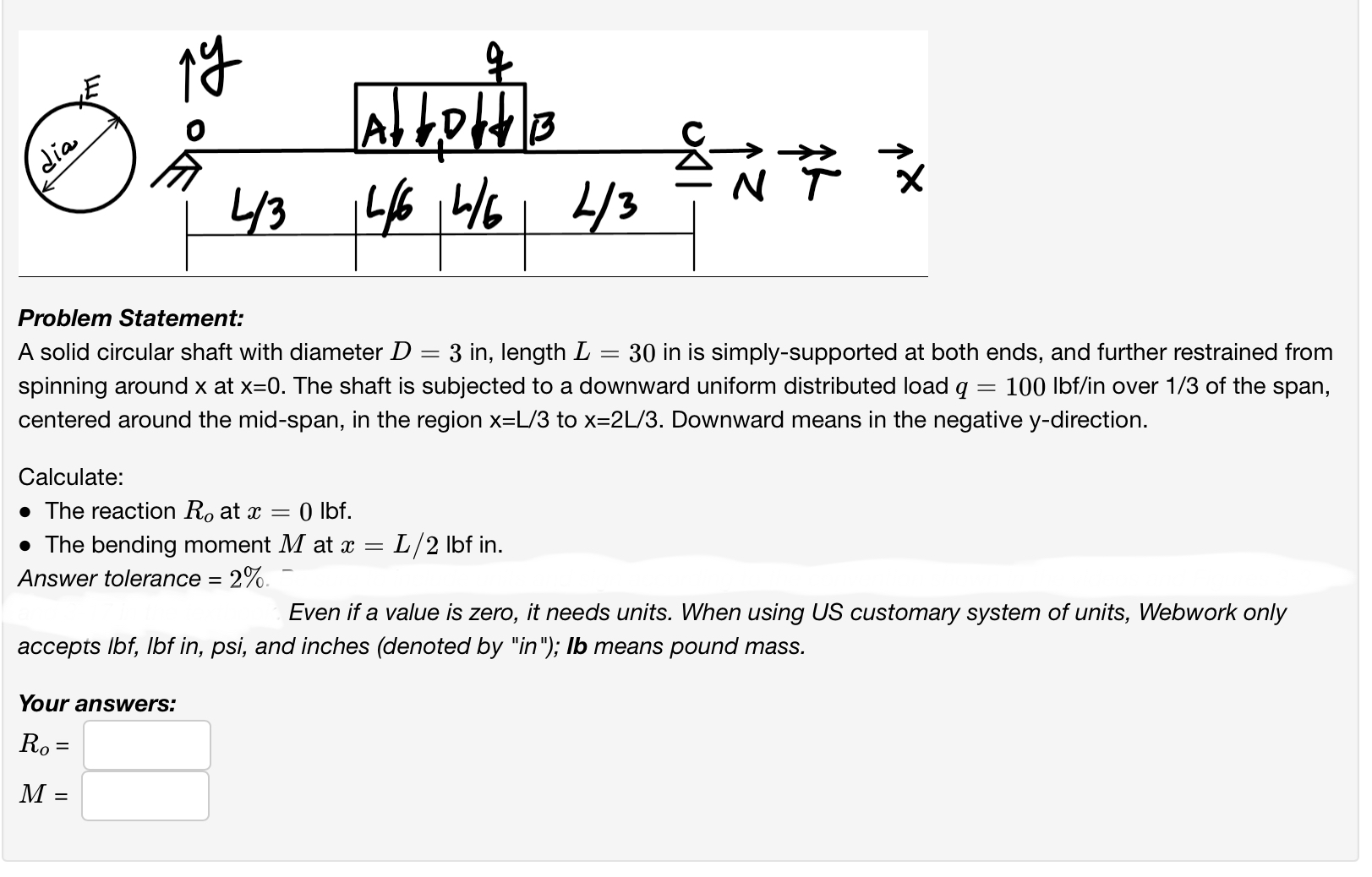 Solved A solid circular shaft with diameter D=3 in, length | Chegg.com