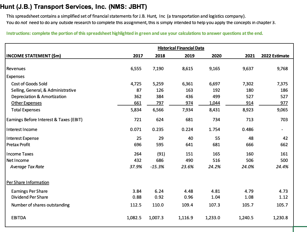 Hunt (J.B.) Transport Services, Inc. (NMS: JBHT) This | Chegg.com