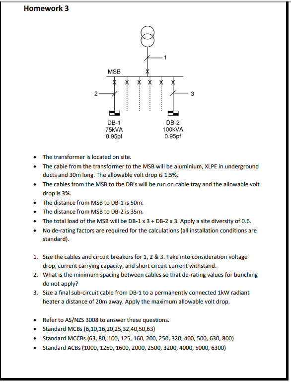 Homework 3 MSB 3 DB-1 75kVA 0.95pf DB-2 100KVA 0.95pt | Chegg.com