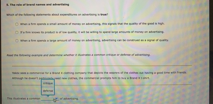 Solved 5. The role of brand names and advertising Which of | Chegg.com