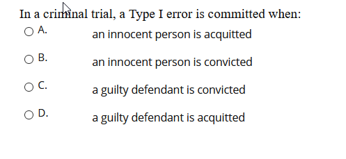 Solved In a criminal trial, a Type I error is committed | Chegg.com